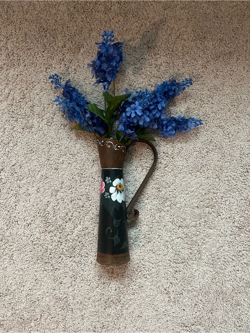 Hand-Painted Metal Wall Vase with Blue Floral Accents